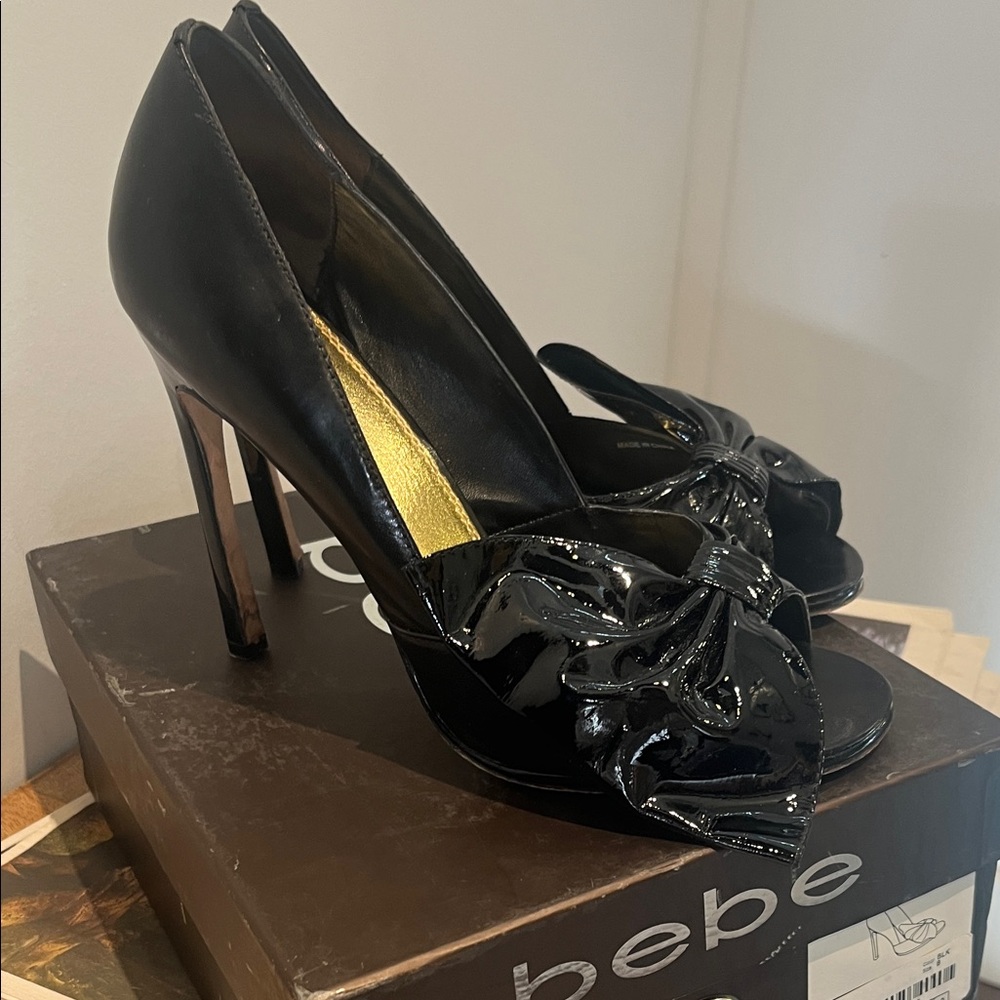 Bebe Glossy Black Heels with Bow Accent